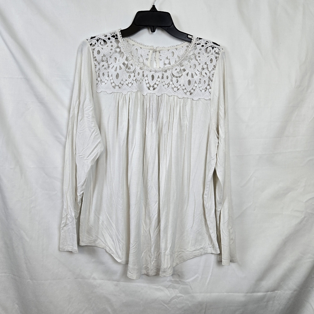 Philosophy Women's White Crochet Yoke Long Sleeve Flowy Office Boho Tunic Top XL - Picture 2 of 8
